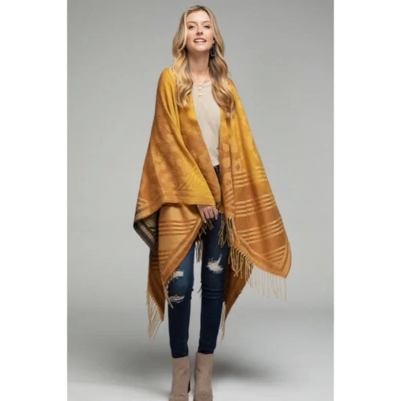 Tuscan Animal Print Color Block Knit Ruana Tassel Fall Winter Casual Wrap - Picture 5 of 7